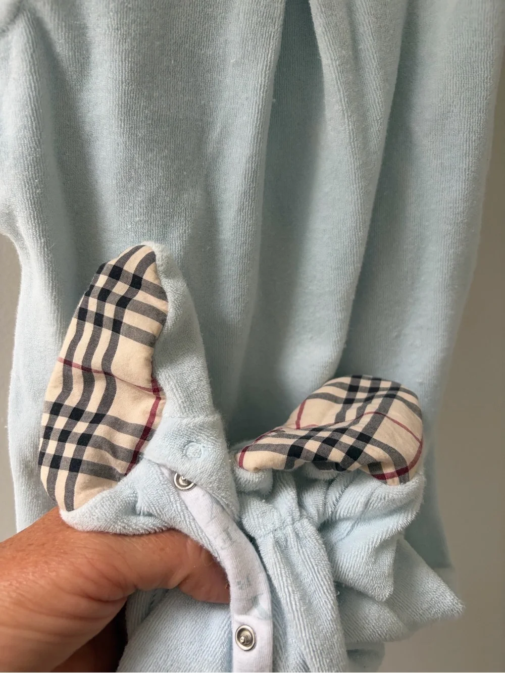 Designer Burberry Baby Blue Footed Romper 9 months classic plaid